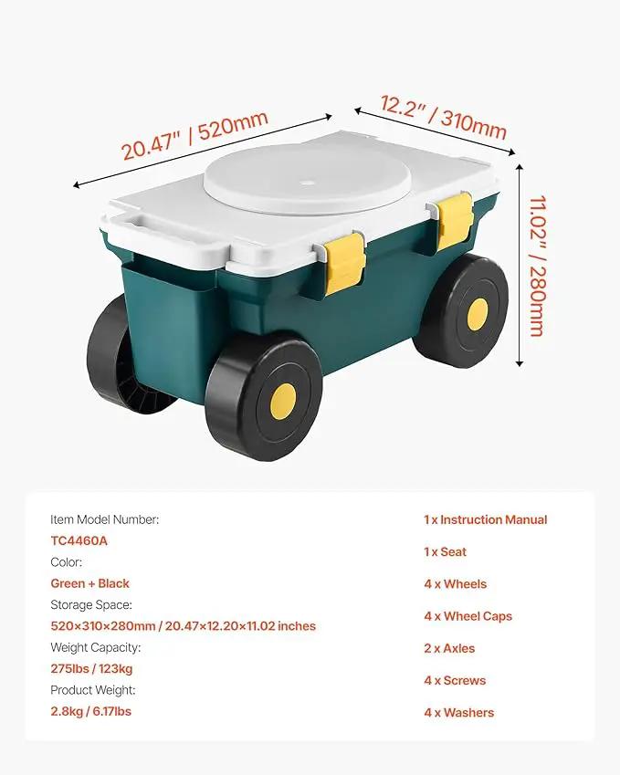 VEVOR Garden Scooter with Seat, 2 in 1 Rolling Garden Cart with Storage Bin, Supports up to 227 lbs, Outdoor Wagon with Handle, Lightweight Storage Gardening Stool for Yard Weeding Planting by GreenHaven Gardens