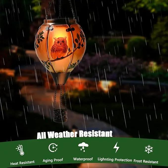 Hot Air Balloon Solar Lantern - Owl Bird Stained Glass Lantern with Simulated Flickering Flame, Outdoor Hanging Yard Light Waterproof IP65 & Weather Resistant for Patio Lawn Porch Decor Gfit by GreenHaven Gardens