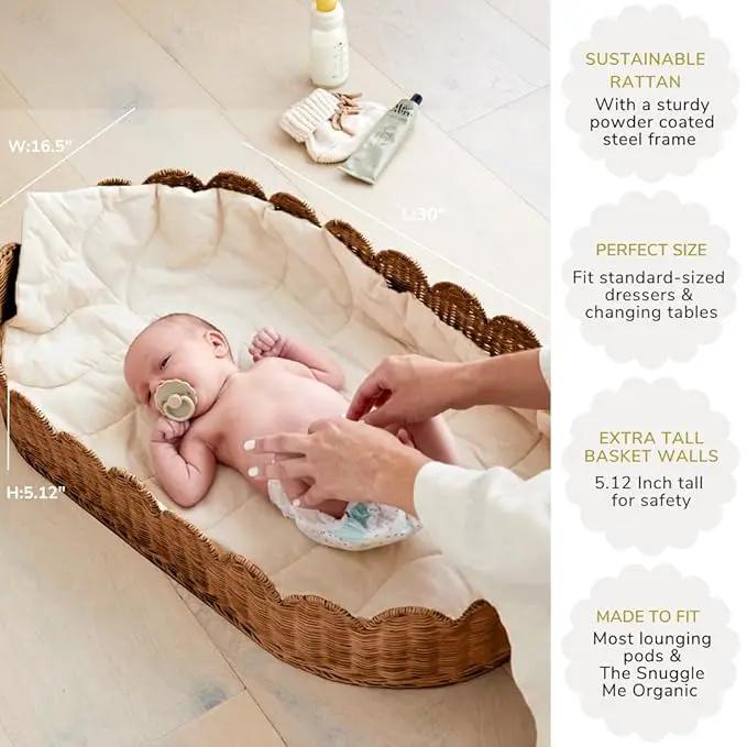 BEBE BASK Premium Baby Changing Basket - Artisan-Crafted Scalloped Rattan - Changing Basket for Baby Dresser - All Accessories Included - Complete Set for Nursery (Mocca) by GreenHaven Gardens