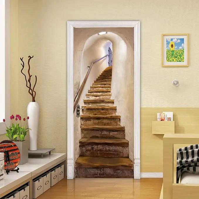3D Door Stickers Murals - Stairs - Door Wallpaper - Self-Adhesive - Removable - PVC - Waterproof - Matt Finish - Modern - Beige by GreenHaven Gardens