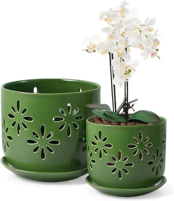 EFISPSS Orchid Pots with Holes,5+6 Inch Ceramic Plant Pots with Drainage Holes and Tray,Enhanced Drainage and Ventilation,Flower Pots for Indoor/Outdoor Plants for Repotting - Green by GreenHaven Gardens
