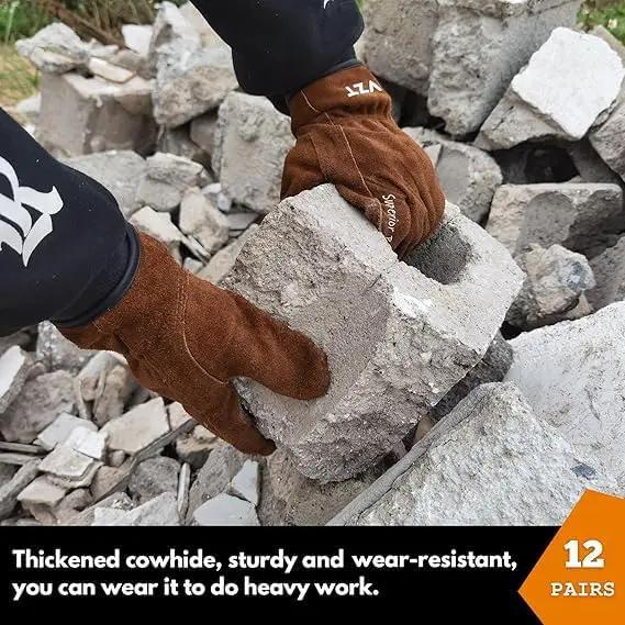 12 Pairs Bulk Leather Work Gloves for Men or Women for Gardening, Construction, Truck, Driving, Farm, Ranch, Woodworker, Soft, Cowhide Thickened, Water Resistant, Brown, XLarge by GreenHaven Gardens