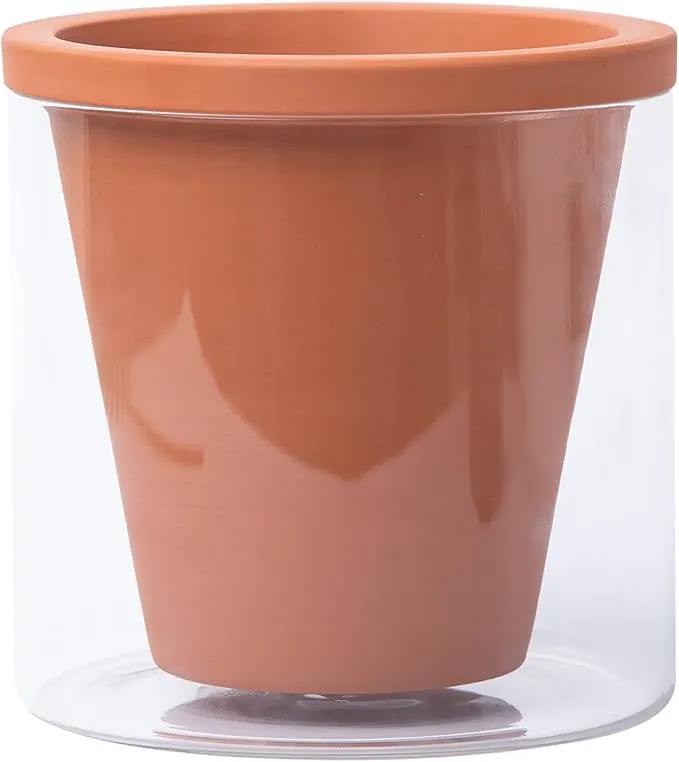 D'vine Dev 6 Inch Design Self Watering Pot for Indoor Plants, Terracotta Planter with Cylinder Glass Cup, Set of 2, 37-X-B-2 by GreenHaven Gardens