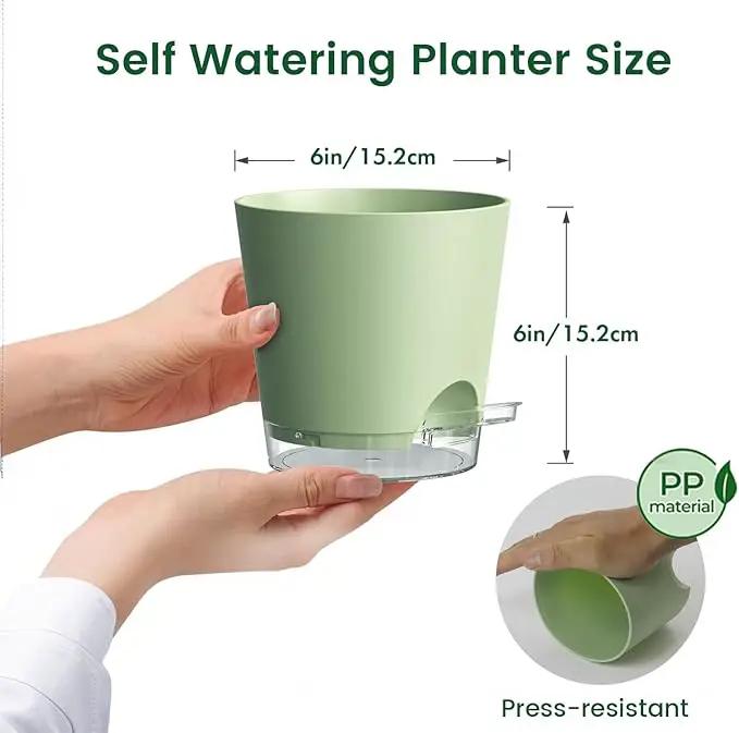 6 inch Self Watering Pots for Indoor Outdoor Plants, 3 Pack Flower Plant Pots with Drainage Holes and Clear Reservoirs, Visible Water Level, Plastic Planters with Wicking Rope, Green by GreenHaven Gardens
