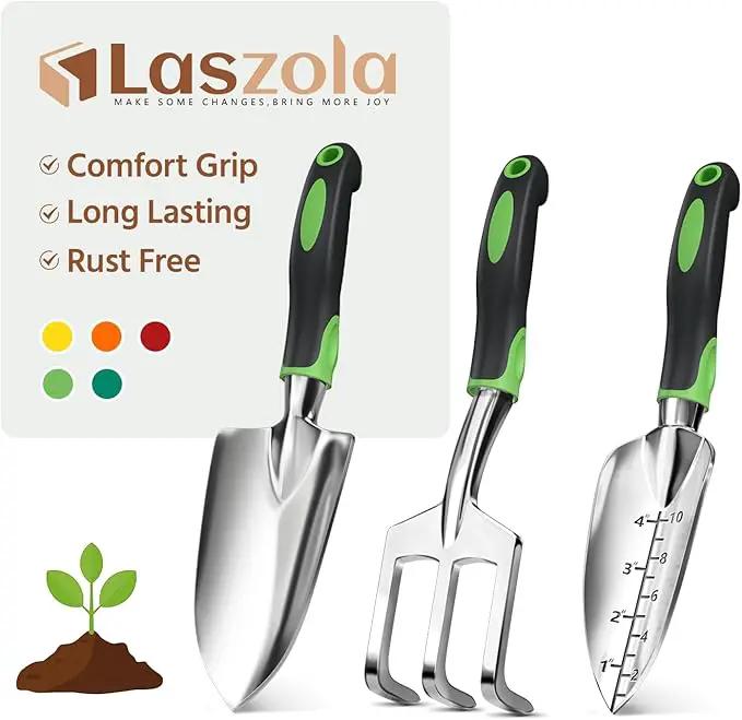 LASZOLA 3 Piece Garden Tool Set Include Hand Trowel Rake and Transplant Shovel for Women, Indoor Heavy Duty Small Spade Kit with Ergonomic Handle to Weed and Loosen, for Mom and Plant Beginner, Green by GreenHaven Gardens