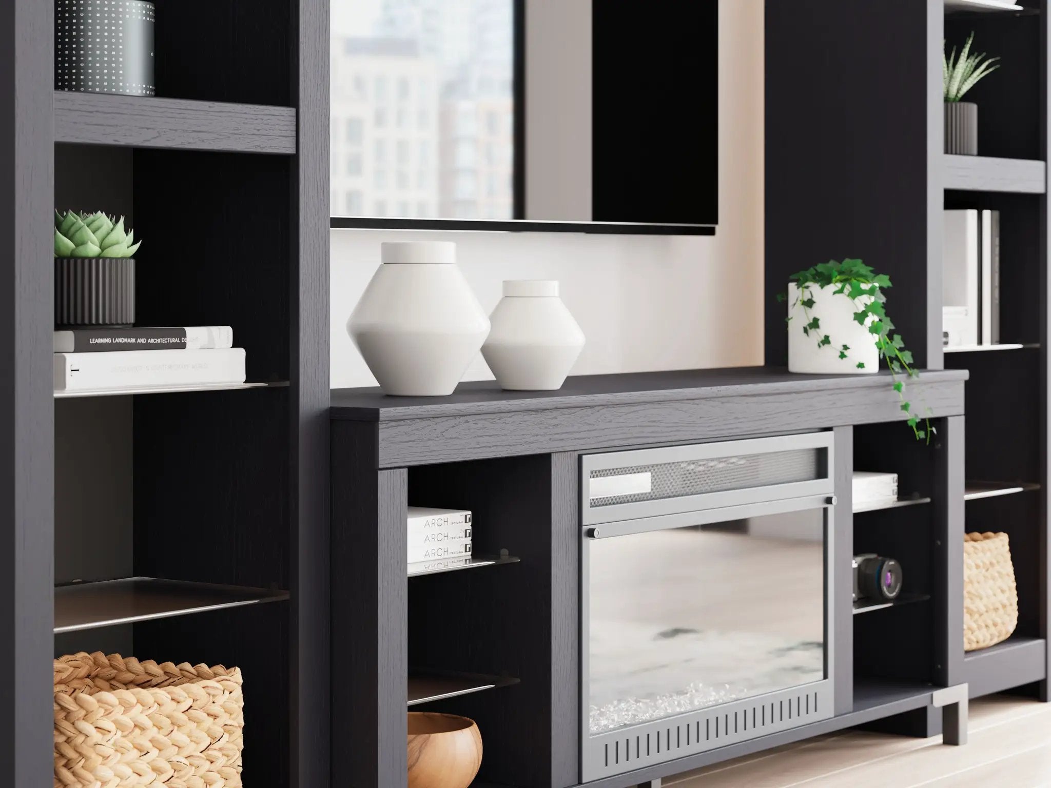 Cayberry - 3-Piece Entertainment Center With Electric Fireplace - Black by Unique Piece Furniture