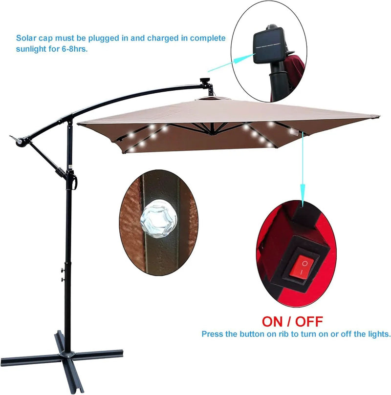 10x6.5FT Patio Umbrella, Outdoor Offset Umbrella with Cross Base and Crank, Rectangular Cantilever Umbrella with Solar Lights, Hanging Market Umbrella with 6 Rids for Pool, Deck, Backyard (Mushroom) by GreenHaven Gardens