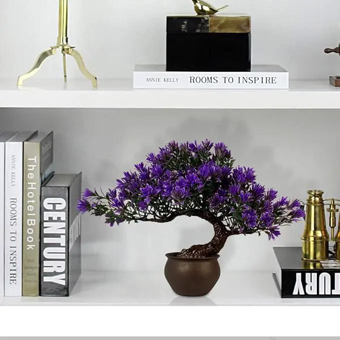 Fake Plants Plastic Artificial Bonsai Tree, Purple Room Decor Bonsai Tree for Home Bedroom Farmhouse Office Desk Decor, Tall 9.5" by GreenHaven Gardens