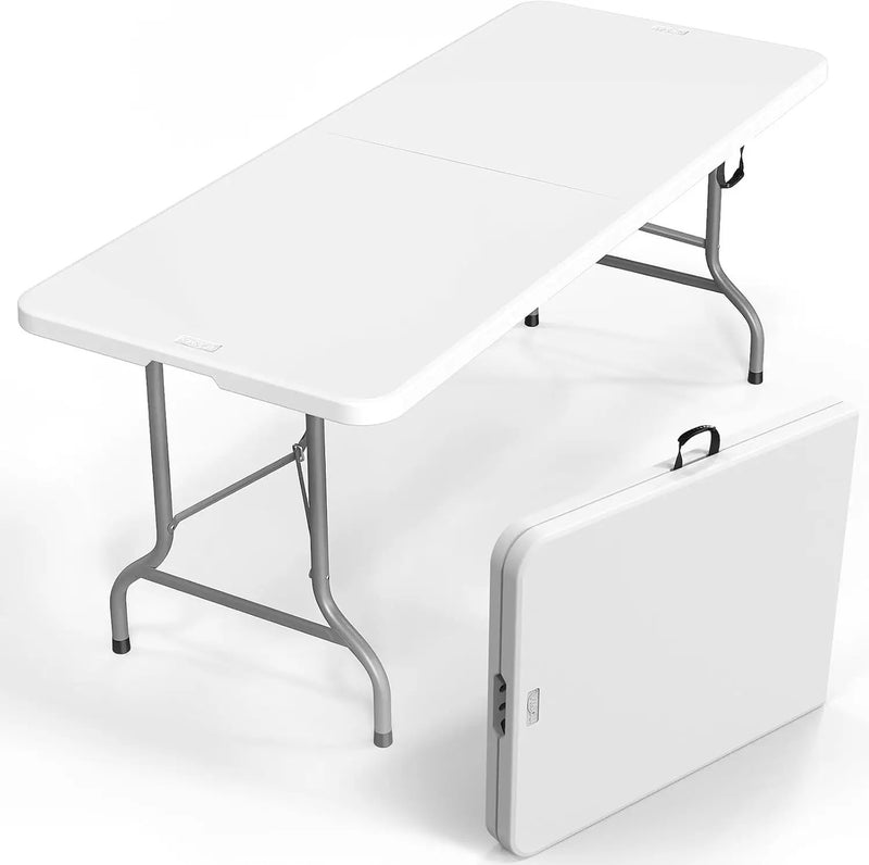VINGLI 6 Foot Plastic Folding Table Portable Long Table for Indoor Outdoor Use Rectangular with Carrying Handle, Smooth HDPE Tabletop, White by GreenHaven Gardens