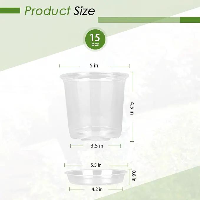 4/5/6/7 Inch Clear Nursery Pots for Plants with Sacuers 15 Pack, Plastic Flower Pots with Drainage Holes, Variety Pack Seedlings Garden Pot for Indoor Outdoor (5 inch) by GreenHaven Gardens