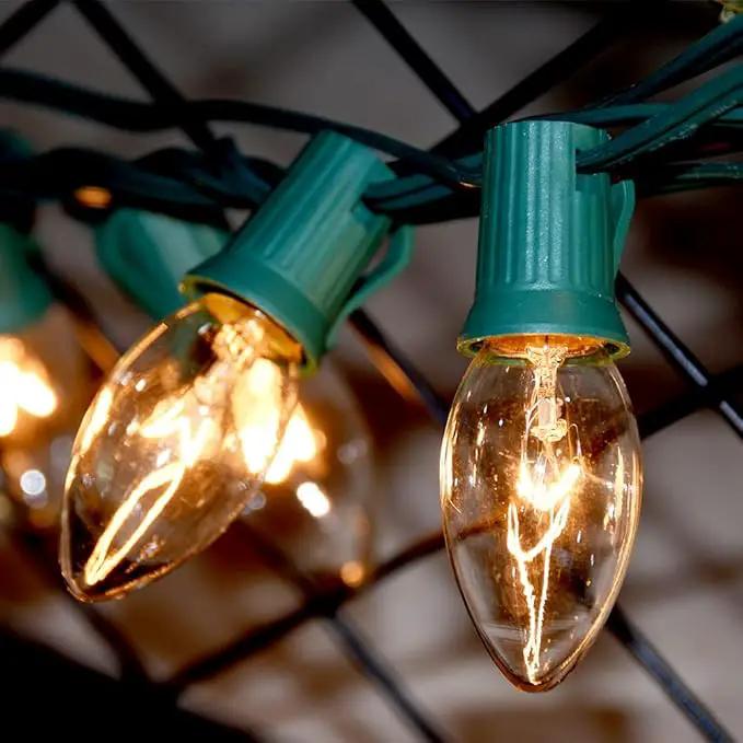 C9 Clear Christmas String Lights 25Ft C9 Outdoor Lights String with 26 Clear Bulbs, Hanging Christmas Roofline Light Patio Lights for Outdoor Decor 7 Watt C9/E17 Intermediate Base-Green Wire by GreenHaven Gardens