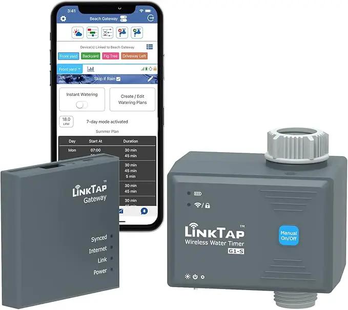 LinkTap G1S Wireless Water Timer & Gateway - Smart Sprinkler Timer with App, Remote Irrigation for Garden, Weather Aware, Greater Range than WiFi, Manual Control & Digital Lockout, 2 Year Battery Life by GreenHaven Gardens