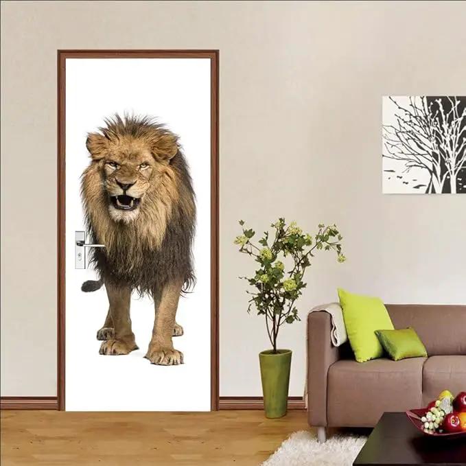 3D Lion Door Stickers - Peel & Stick - Waterproof & Washable - Matt Finish - Realistic Animal Print - Adults - 31.5 x 78.7 inch - 2 PARTS by GreenHaven Gardens