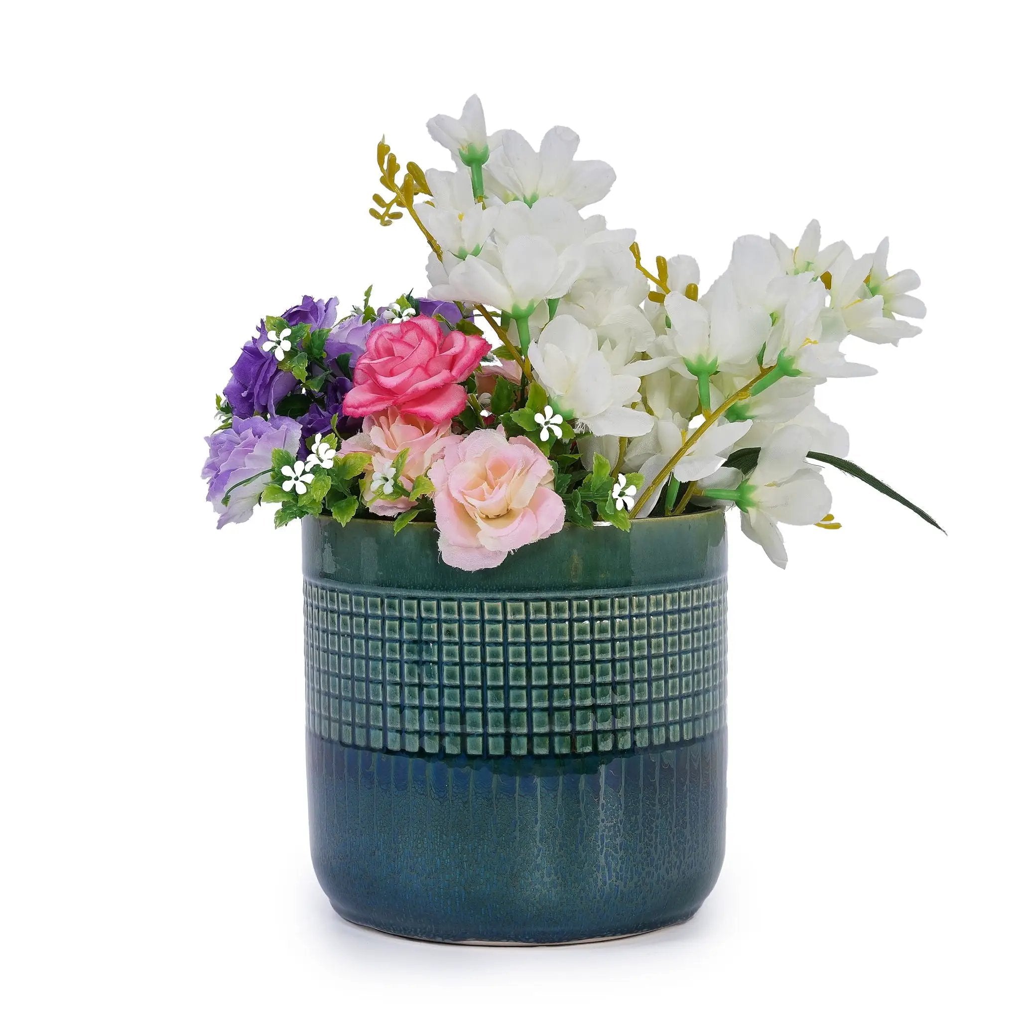 Grid Flowerpot (Set of 3), Planter For Patio, Garden, Windowsill - Blue / Green by Unique Piece Furniture