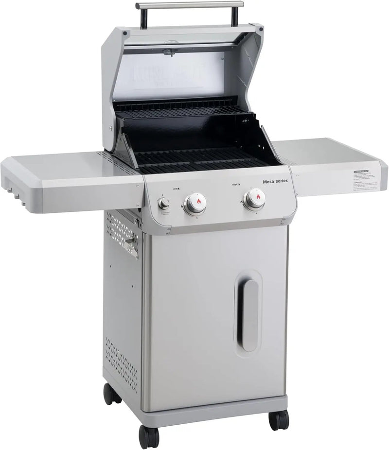 Monument Grills 2-Burner Stainless Steel Liquid Propane Gas Grill, Two Foldable Shelves Patio Garden Barbecue Grill with Clearview® Lid, Knob Control, Mesa200S with BBQ Cover by GreenHaven Gardens