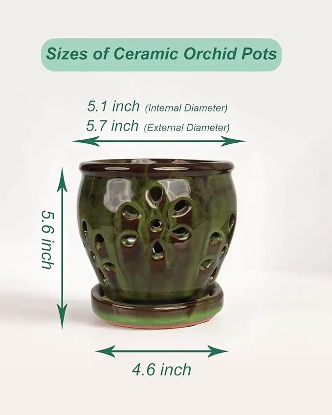 vensovo 5 Inch Ceramic Orchid Pots with Holes and Saucers - 1 Pcs Small Succulent Pot for Repotting, Garden Flowerpots for Plants Indoor and Outdoor Promotes Air Circulation, Yellow Mixed Brown by GreenHaven Gardens