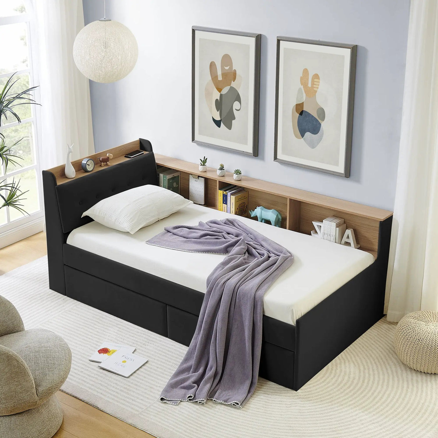 Upholstered Daybed With Storage Headboard, Wireless Charging, LED Lights by HouseOfZazla