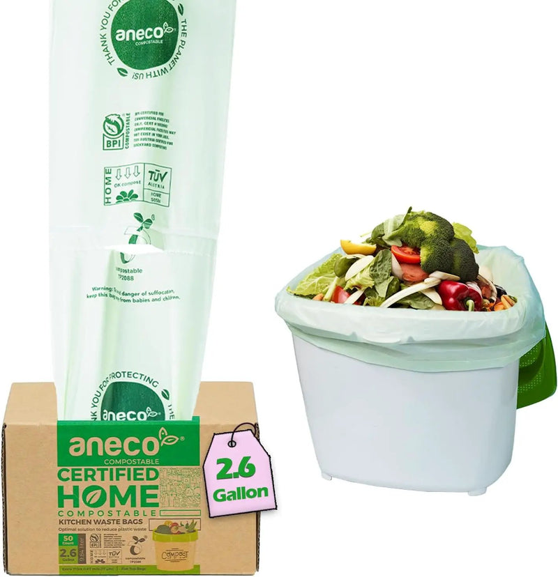 ANECO 100% Compostable Waste Bags 2.6 Gallon (Flat Top Bags, 50 Count) Extra Strong Kitchen Small Compost Bags for Countertop Bin (BPI & OK Compost HOME Certified) by GreenHaven Gardens
