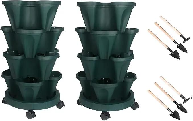 Vertical Planter 4 Tier Stackable Planters Garden Planters Strawberry Herb Flower and Vegetable Planter Indoor Outdoor Gardening Pots with Removable Wheels and Tools 2-Pack by GreenHaven Gardens