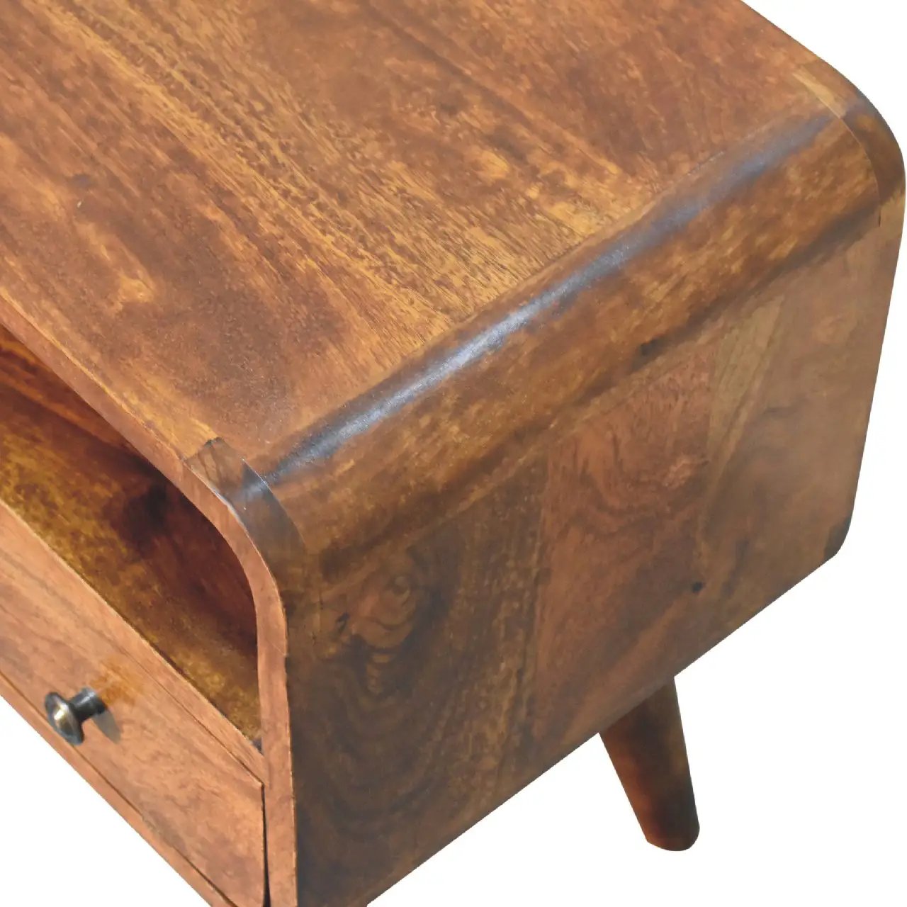 Solid Wood Mini Curved Media Unit, Chestnut, 1-Drawer, 1 Open Slot by HouseOfZazla