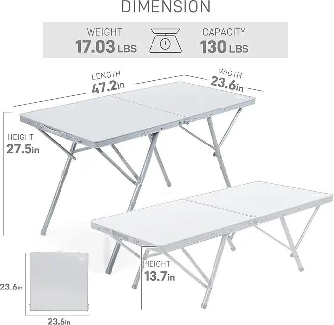 EVER ADVANCED Large Camping Table for 4-6 Person, Portable Folding Aluminum Table with Carrying Handle, Suitable for BBQ, Picnic, Camping and Indoor Use, Support up to 130LBS, Silver by GreenHaven Gardens