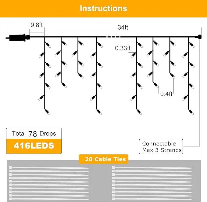 DDMY Christmas Lights Outdoor Decorations 416 LEDs 34 FT 8 Modes Curtain String Light with 78 Drops, Waterproof Clear Wire LED Light for Christmas Party Decor, House, Garden, Yard Decoration by GreenHaven Gardens