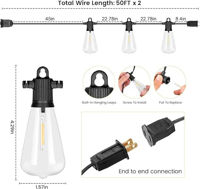 100FT Outdoor String Lights, LED Patio Lights with 50+3 ST38 Vintage Edison Shatterproof Bulbs, IP65 Weatherproof Outside Hanging Lights for Backyard Bistro Cafe Garden(50FTx2) by GreenHaven Gardens