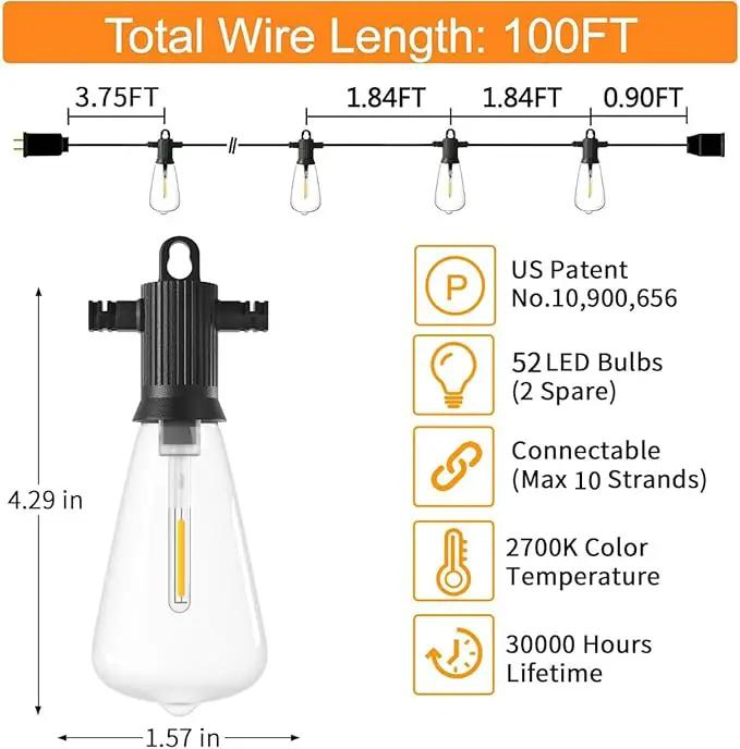 ZOTOYI Outdoor String Lights 100 FT, Waterproof IP65 LED Patio Lights with 52 ST38 Shatterproof Bulbs(2 Spare), Dimmable String Lights for Outside, Cafe, Bistro, Backyard, Garden Warm White by GreenHaven Gardens