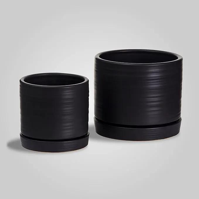 6 + 8 Inch Plant Pots, Ceramic Planter Pot with Drainage Hole & Saucer, Indoor/Outdoor Cylinder Round Planter Pot, Matte Black by GreenHaven Gardens
