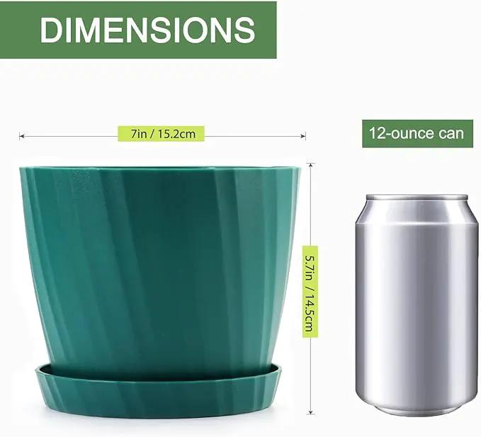 7 Inch Plant Pots Bulk, 6 Pack Plastic Planters with Drainage Holes and Saucers for Indoor Outdoor House Plants and Flowers, Green by GreenHaven Gardens
