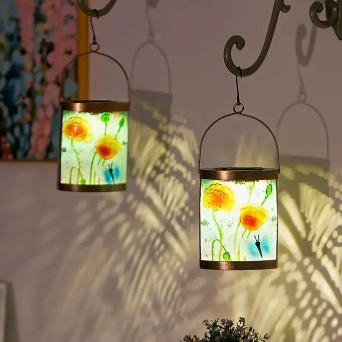 Starsoul 2 Pack Hanging Solar Lantern Outdoor Waterproof Glass Butterfly and Flowers Decorative Solar Lights for Outside Garden Yard Table Patio Decor by GreenHaven Gardens