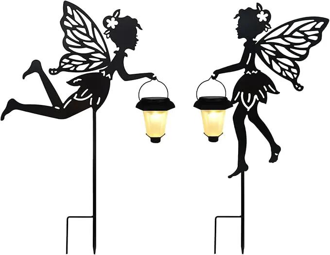 Solar Fairy Garden Stake Decorative Lantern, 2 Pack Metal Fairy Angel Garden Silhouette Lights for Lawn, Pathway, Patio, Yard Outdoor Decor by GreenHaven Gardens