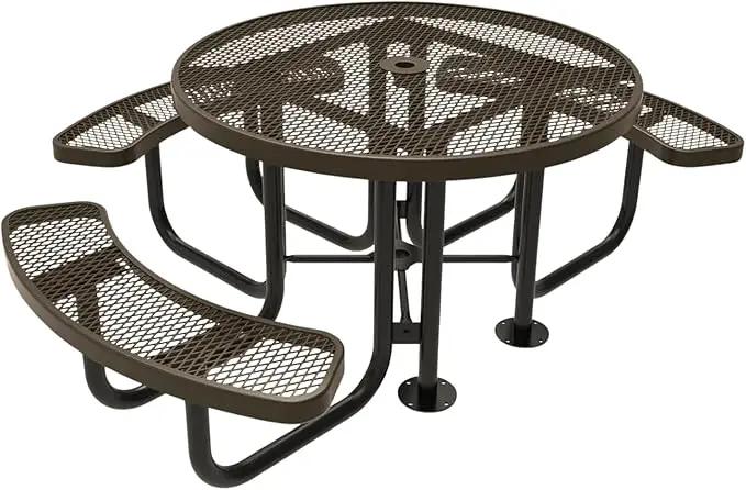 Heavy-Duty Portable Outdoor Picnic Table with Umbrella Hole, Expanded Metal Patio Dining Furniture Made in America (46" Round Top, Textured Brown) by GreenHaven Gardens