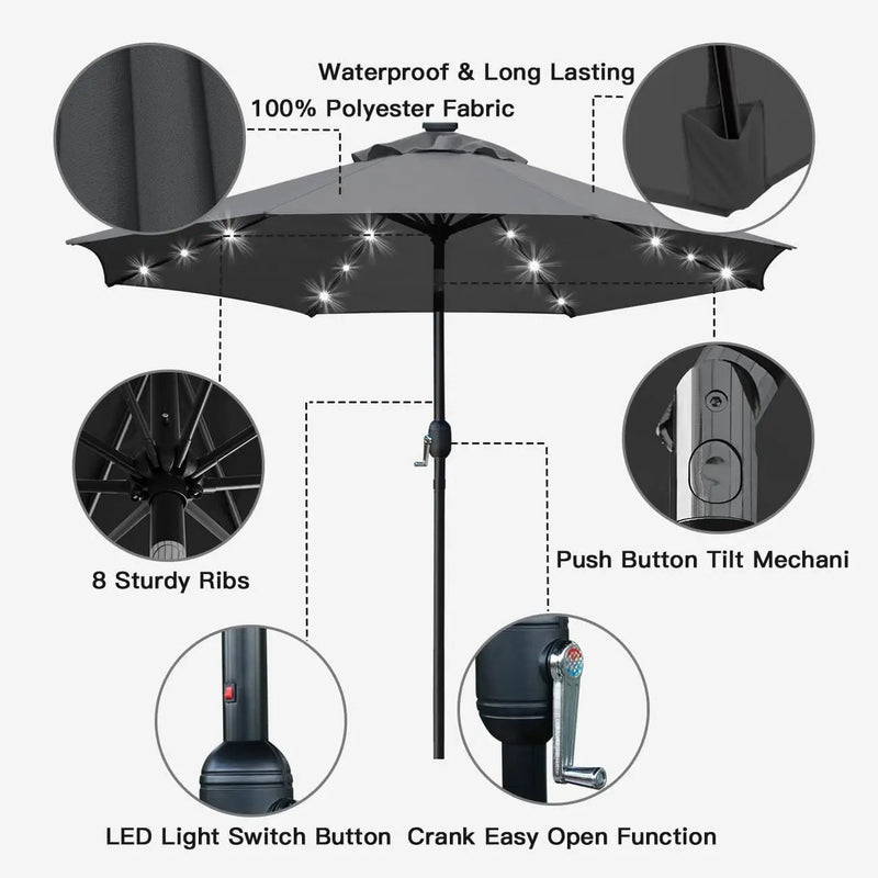 Sunnyglade 9' Solar LED Lighted Umbrella with 8 Ribs Adjustment and Crank Lift System for Patio (Grey) by GreenHaven Gardens