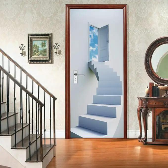 3D Door Stickers Murals - Stairs - Door Wallpaper - Self-Adhesive - Removable - PVC - Waterproof - Matt Finish - Modern Style - White - 37.4" x 78.7" by GreenHaven Gardens