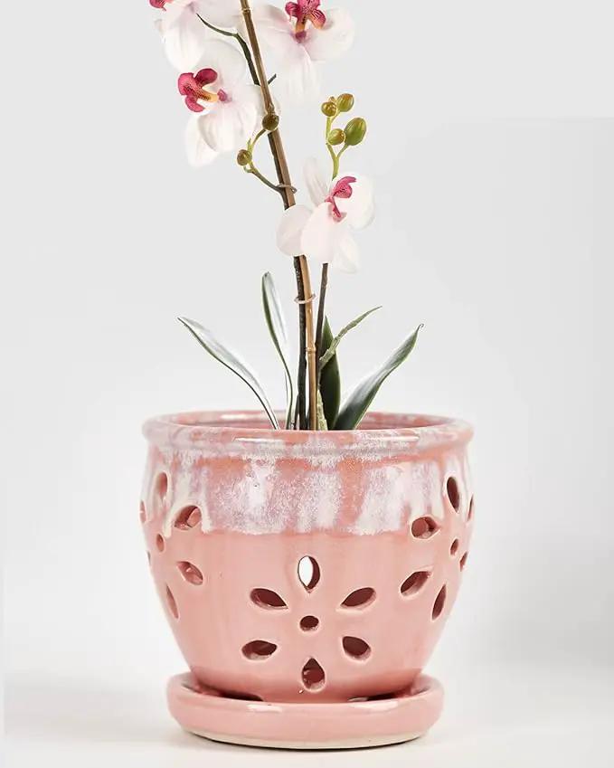 vensovo 5 Inch Ceramic Orchid Pots with Holes and Saucers - 1 Pcs Small Succulent Pot for Repotting, Garden Flowerpots for Plants Indoor and Outdoor Promotes Air Circulation, Pink by GreenHaven Gardens
