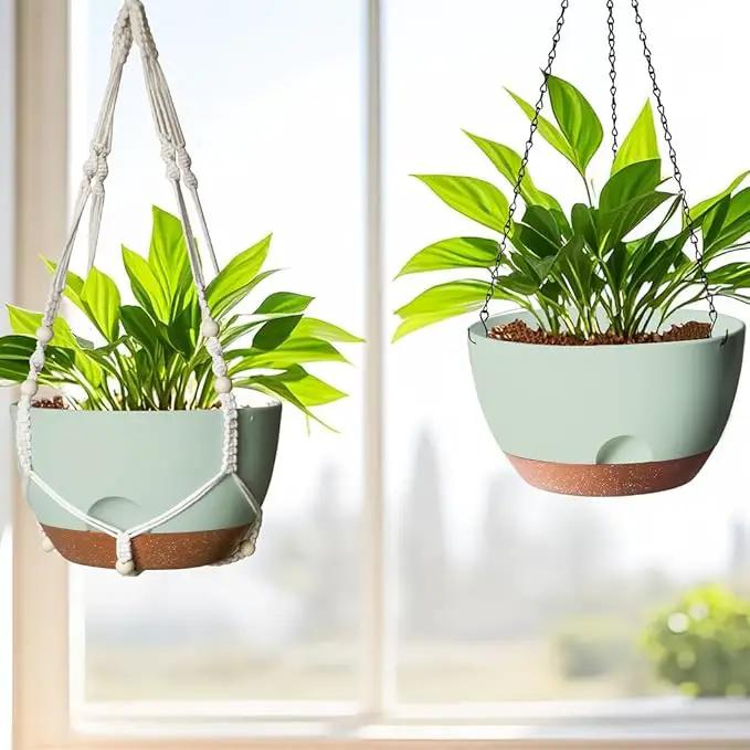 12 Inch Hanging Baskets for Plants Outdoor, Hanging Planters for Indoor Outdoor Plants, Hanging Planter with Self Watering, Hanging Flower Pots (Green Planter with Macrame + Iron Hangers) by GreenHaven Gardens