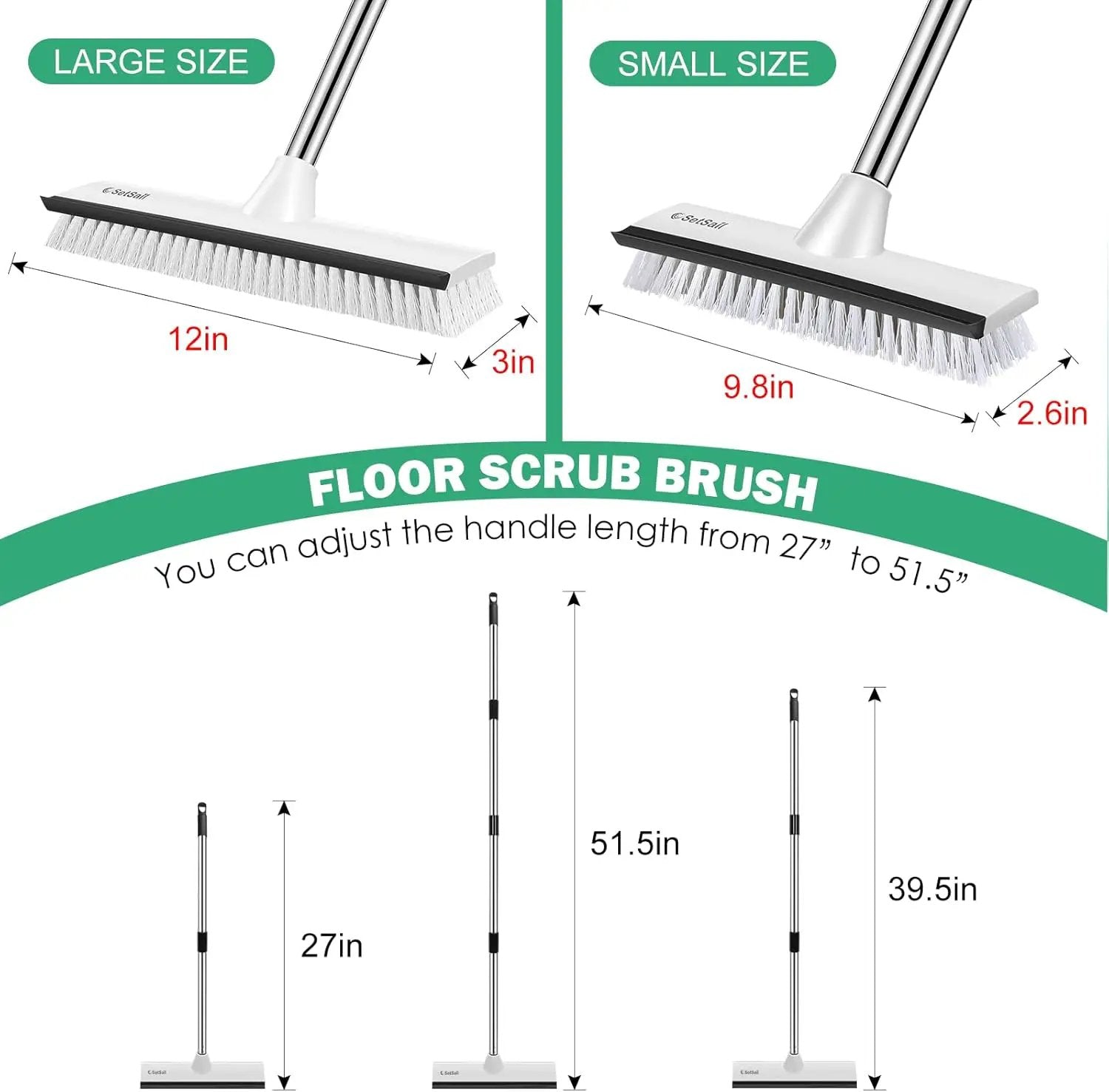 SetSail Upgraded Large 12 in Wide Floor Scrub Brush with 51-Inch Long Adjustable Handle 2 in 1 Scrape Brush Stiff Bristle Floor Scrubber for Cleaning Shower Bathroom Garage Kitchen Wall Deck Tub Tile by GreenHaven Gardens