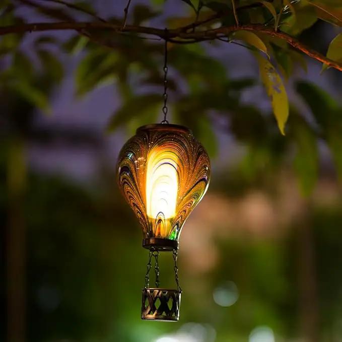 Starsoul Hot Air Balloon Solar Lantern Flickering Flame Light Tie-Dye Style Glass Solar Powered Hot Air Balloon Lamp Hanging Outdoor Lantern Waterproof Decor for Patio, Garden, Porch by GreenHaven Gardens