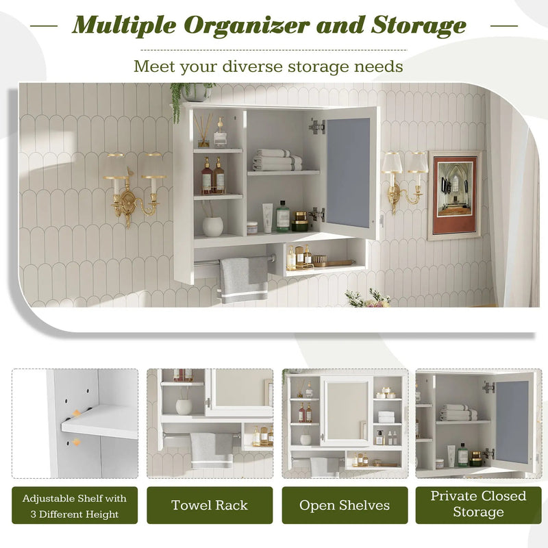 Wall Mount 2 In 1 Mirror Cabinet With Adjustable Shelves, Open Storage, For Bathroom Vanity - White by HouseOfZazla