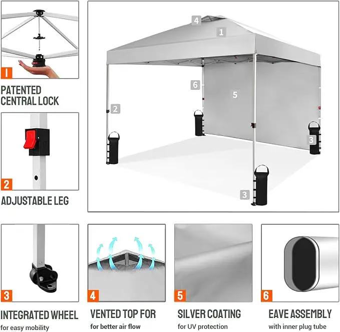 CROWN SHADES 10x10 Pop Up Canopy with 1 Side Wall - Beach Tent with One Push Setup - Outdoor Sun Shade for Events, Parties, Camping - Gazebo with STO-N-Go Cover Bag (White) by GreenHaven Gardens