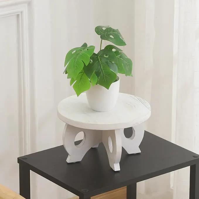 Small Plant Stand Kitchen Display Stand 10 inch Plant Holder Plant Stool Round Stand Risers Farmhouse Rustic Balcony Decor Pedestal Board Washed White by GreenHaven Gardens