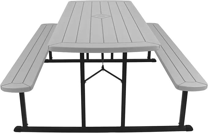 OEF Furnishings Heavy Duty Blow Molded Folding Picnic Table- Light Speckled Grey, Black Frame by GreenHaven Gardens