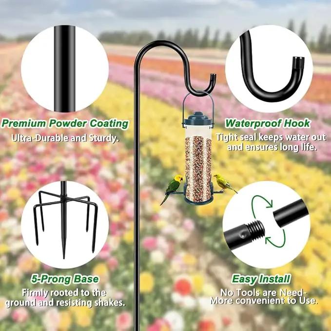 36 Inch Shepherds Hooks for Outdoor, Heavy Duty Bird Feeder Pole with 5 Prong Bases, Garden Hanging Stake for Bird Feeder, Solar Light, Plant Hanger, Wedding Decor, Metal Hanger Hooks, Black, 2 Packs by GreenHaven Gardens