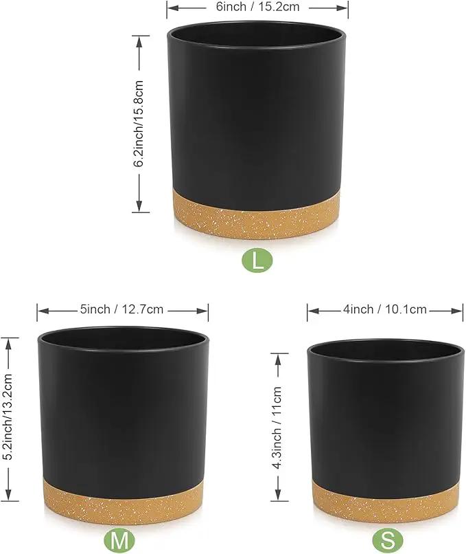 3 Pack 6/5/4 inch Cylindrical Flower Pots, Modern Small Round Plastic Plant Pots with Drainage Holes & Saucers, Clean and Refined Planter Pots for Outdoor, Indoor & Office Decor (Black Brown) by GreenHaven Gardens