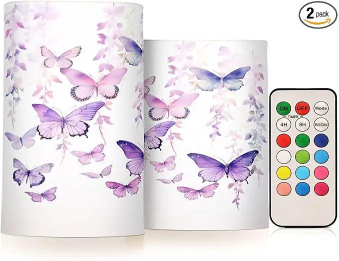 Flickering Flameless Candles, Butterflies Purple LED Candles with Remote Timer, Set of 2 Battery Operated Candle for Valentine Wedding Birthday by GreenHaven Gardens
