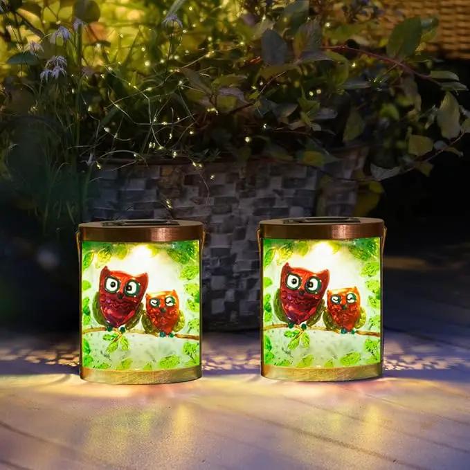 Starsoul 2 Pack Hanging Solar Lantern Outdoor Waterproof Owls Nestled on Branch Glass Decorative Solar Lights for Outside Garden Yard Table Patio Decor by GreenHaven Gardens