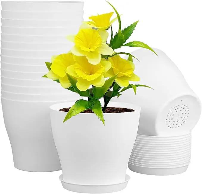 6 inch Plastic Nursery Pots, Seedling Pots, 16 Pack Plant Pots for Small Indoor Outdoor Plants, Flower Pots with Drainage Holes and Saucers, Decorative Planters for House Plants, White by GreenHaven Gardens