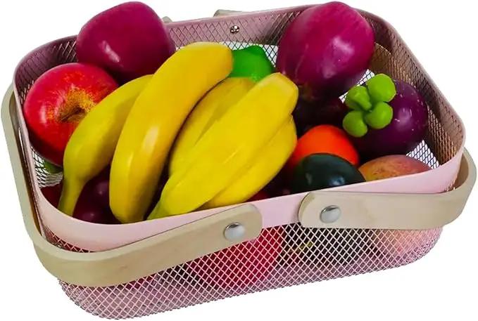 Metal Mesh Steel Basket, Storage Organizer Basket Garden Harvest Basket Multi-functional Kitchen Fruit Baskets Bin with Wooden Handle for Bathroom Picnic Shopping Decor Cabinet Home, Pink by GreenHaven Gardens