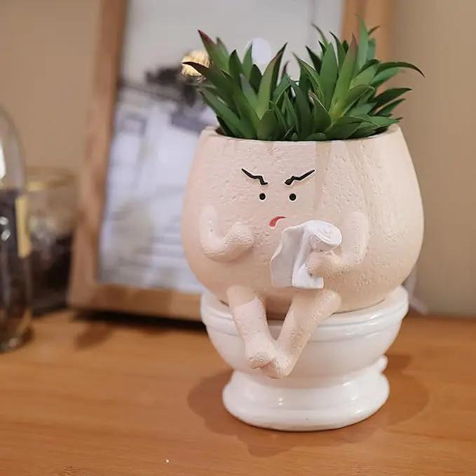 Face Planter Pots Funny Toilet Plant Pot for Indoor Plants, Cute Face Head Flower Pots Quirky Succulent Planters Gift Ideal for Home, Office, Christmas by GreenHaven Gardens